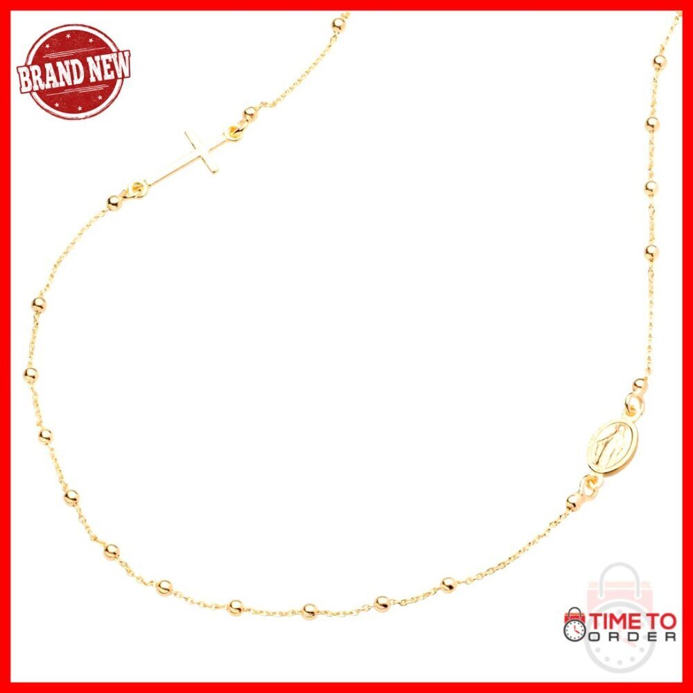 18K Gold Plated Sterling Silver Rosary Cross Necklace 18 Inch Chain